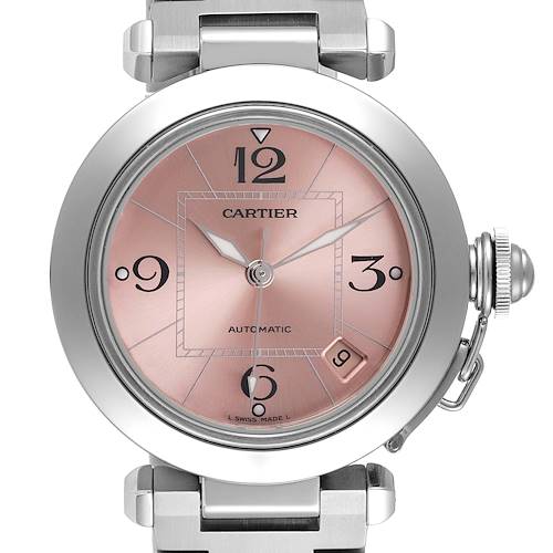 This image shows a close-up view of the Cartier Pasha watch face, including its silver bezel, rose gold dial, and metallic lugs.