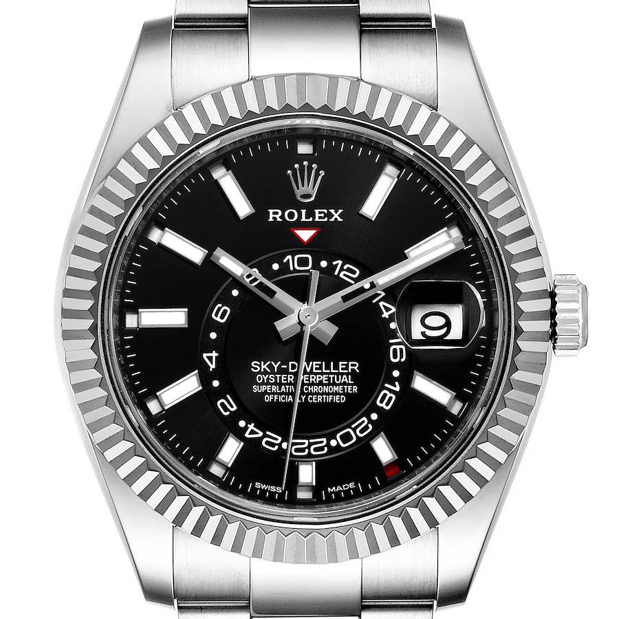 This image shows a front view of the Rolex Sky-Dweller, highlighting its black dial, fluted bezel, and stainless steel bracelet.