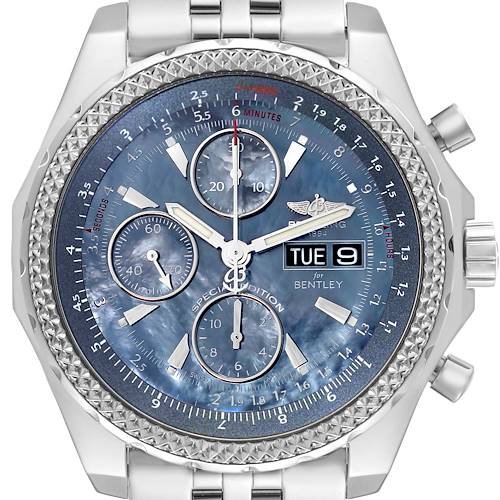 This image shows a front view of the Breitling Bentley model watch, displaying the dial, bezel, and part of the bracelet.