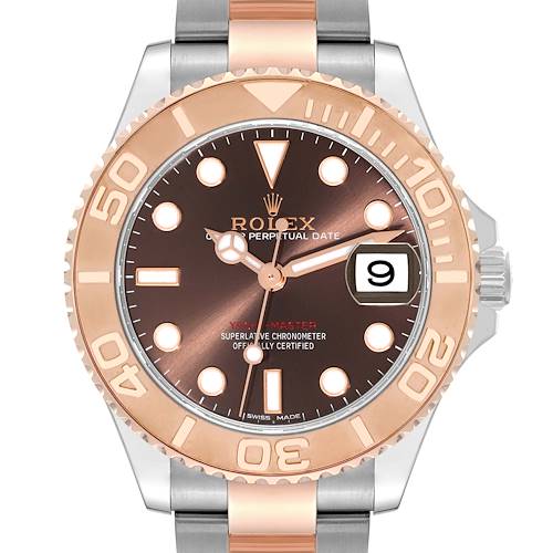 The image shows a front view of a Rolex Yacht-Master watch, highlighting its bezel, dial, and bracelet.