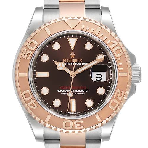 The image shows a frontal view of a Rolex Yacht-Master watch, highlighting its face, bezel, and part of the band.