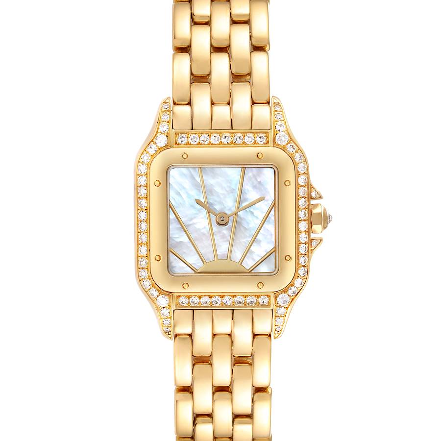 This is a top-down view of a Cartier Panthere model watch, showing its gold bracelet, diamond-encrusted bezel, and face.