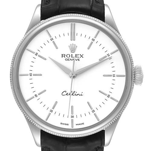 The image shows a frontal view of a Rolex Cellini watch, highlighting the face, hands, crown, bezel, and leather strap.