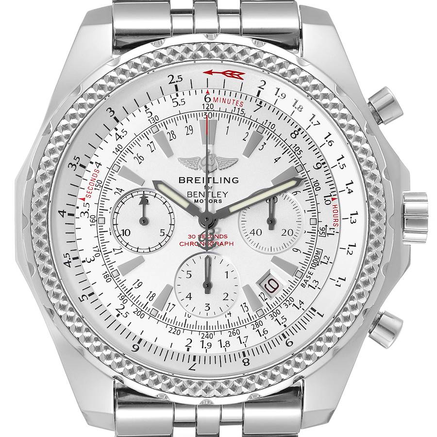 The image shows a close-up front view of the Breitling Bentley watch, highlighting its detailed dial, subdials, and bezel.