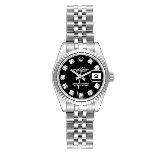 The watch is a Rolex Datejust model shown from the front, featuring a black dial, fluted bezel, date window, and Jubilee bracelet.