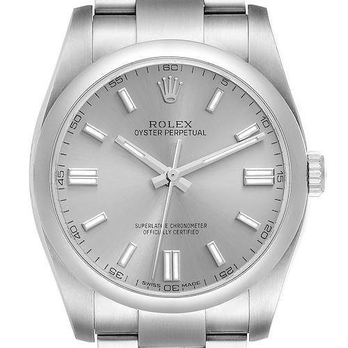 This image shows a front view of a Rolex Oyster Perpetual watch, highlighting its dial, hour markers, hands, and part of the bracelet.