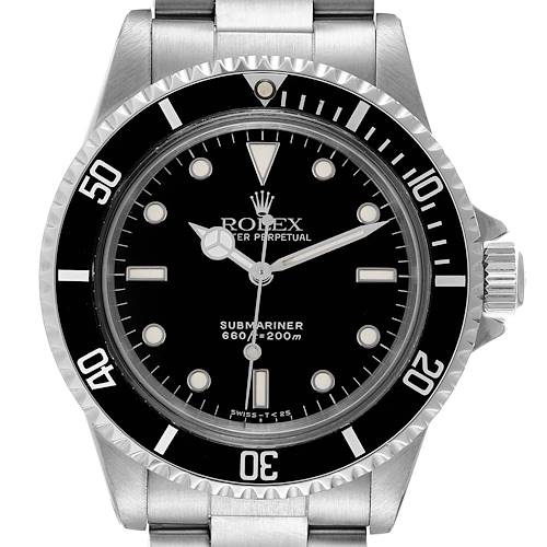The image shows a front view of a Rolex Submariner watch, displaying its dial, bezel, crown, and part of the bracelet.