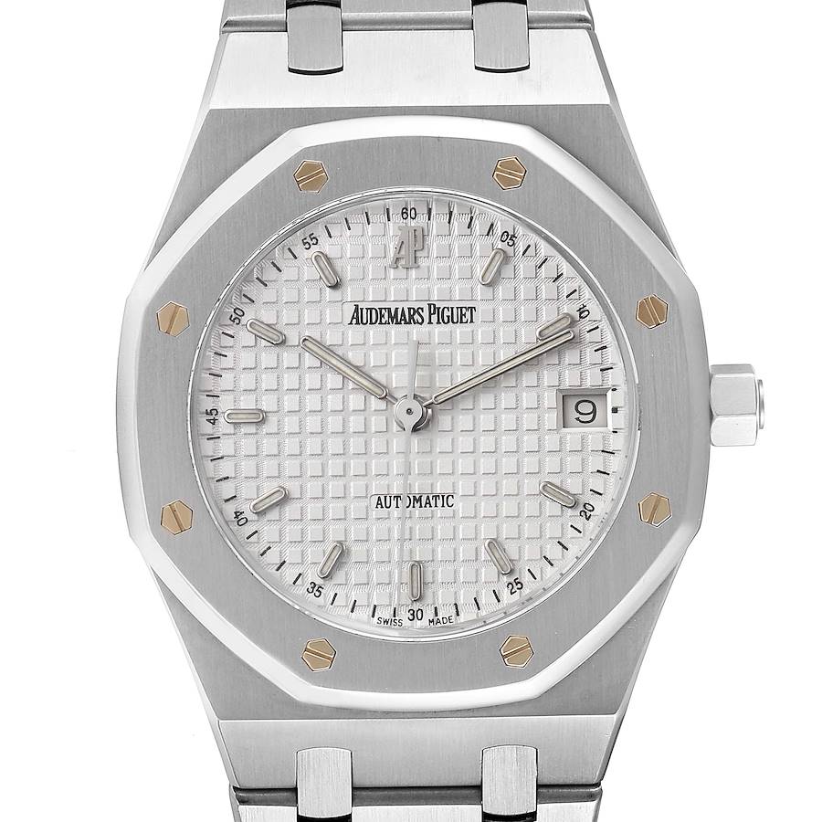 The image shows a front angle of the Audemars Piguet Royal Oak watch, highlighting its dial, hands, date function, and iconic octagonal bezel.