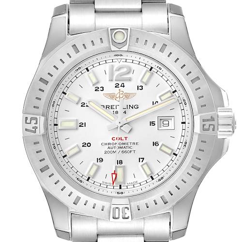 This image shows a front view of the Breitling Colt watch, highlighting its dial, bezel, hands, and part of the bracelet.