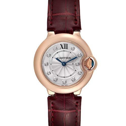 The image shows a front view of the Cartier Ballon Bleu watch, featuring a round face with diamond markers and a burgundy leather strap.