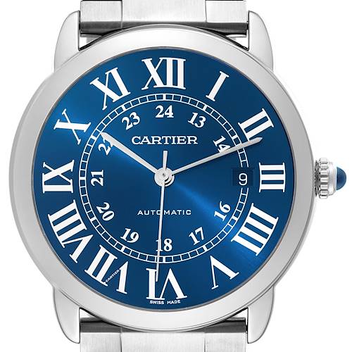 This image shows a front view of the Cartier Ronde model watch, displaying the blue dial, Roman numerals, and date window.