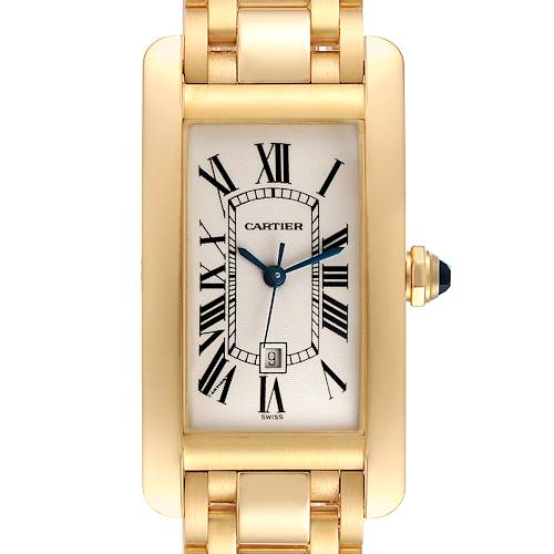 This image shows a front view of the Cartier Tank Americaine watch, highlighting the rectangular dial and gold bracelet.