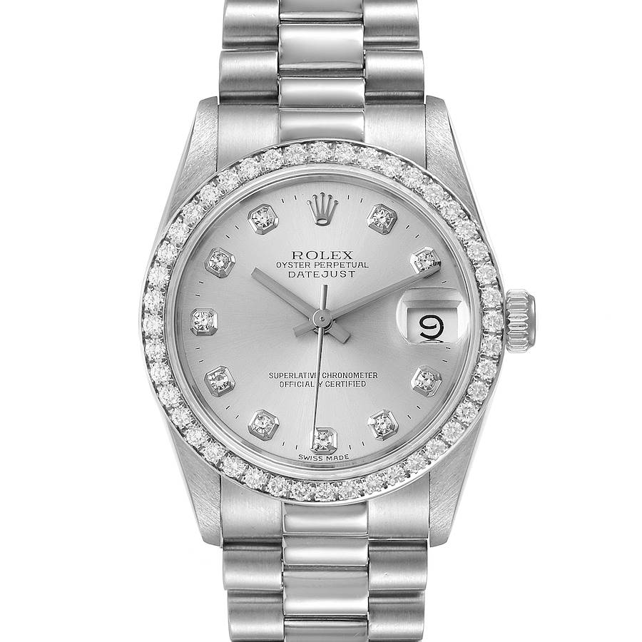 The Rolex President watch is shown from a front angle, highlighting its silver dial, diamond hour markers, and bracelet.