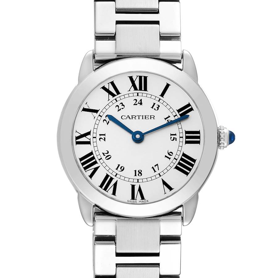 This image shows a front view of the Cartier Ronde watch, highlighting its face with Roman numerals, blue hands, and metal bracelet.