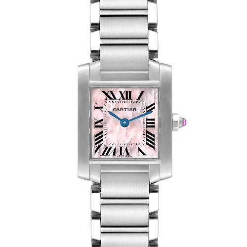 The image shows a front view of a Cartier Tank Francaise watch, highlighting its rectangular face, pink dial, and metal bracelet.