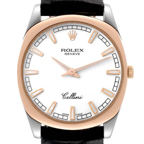 This image shows a close-up view of the Rolex Cellini watch, focusing on its dial, hands, markers, and bezel.
