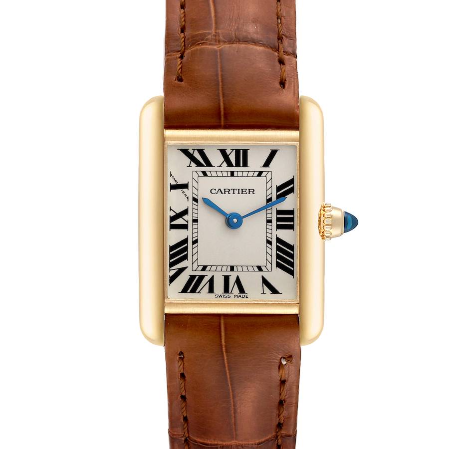 The image shows a front view of the Cartier Tank Louis watch, displaying its dial, roman numeral markers, and brown leather strap.