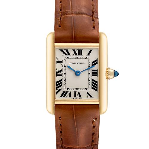 The image shows a full-frontal view of a Cartier Tank Louis watch, highlighting its dial, blue hands, and brown leather strap.