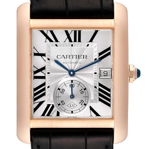 This is a close-up of the Cartier Tank MC watch showing the dial, hands, date window, and part of the black leather strap.