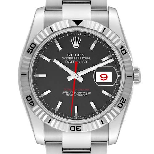 The image shows a front view of a Rolex Turn-o-Graph Datejust watch, highlighting its bezel, dial, crown, and bracelet.