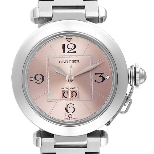 The image shows a frontal view of the Cartier Pasha watch, highlighting its dial, crown, and bracelet attachment.