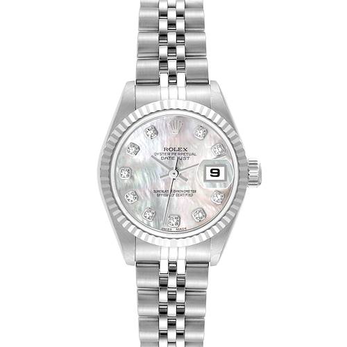 The image shows a Rolex Datejust watch from a front angle, displaying its face, date window, bezel, and bracelet.