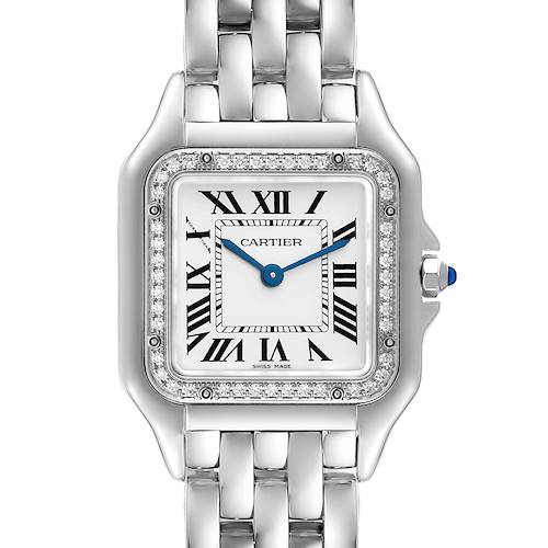 The image shows a frontal view of the dial and part of the bracelet of a Cartier Panthere watch.