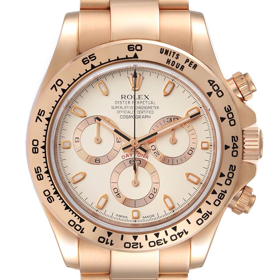 This image shows the front view of a Rolex Daytona watch, highlighting its dial, bezel, and bracelet.