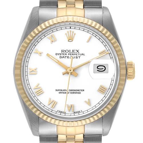 The Rolex Vintage Collection Datejust model is shown from a front angle, highlighting the dial, fluted bezel, and part of the bracelet.