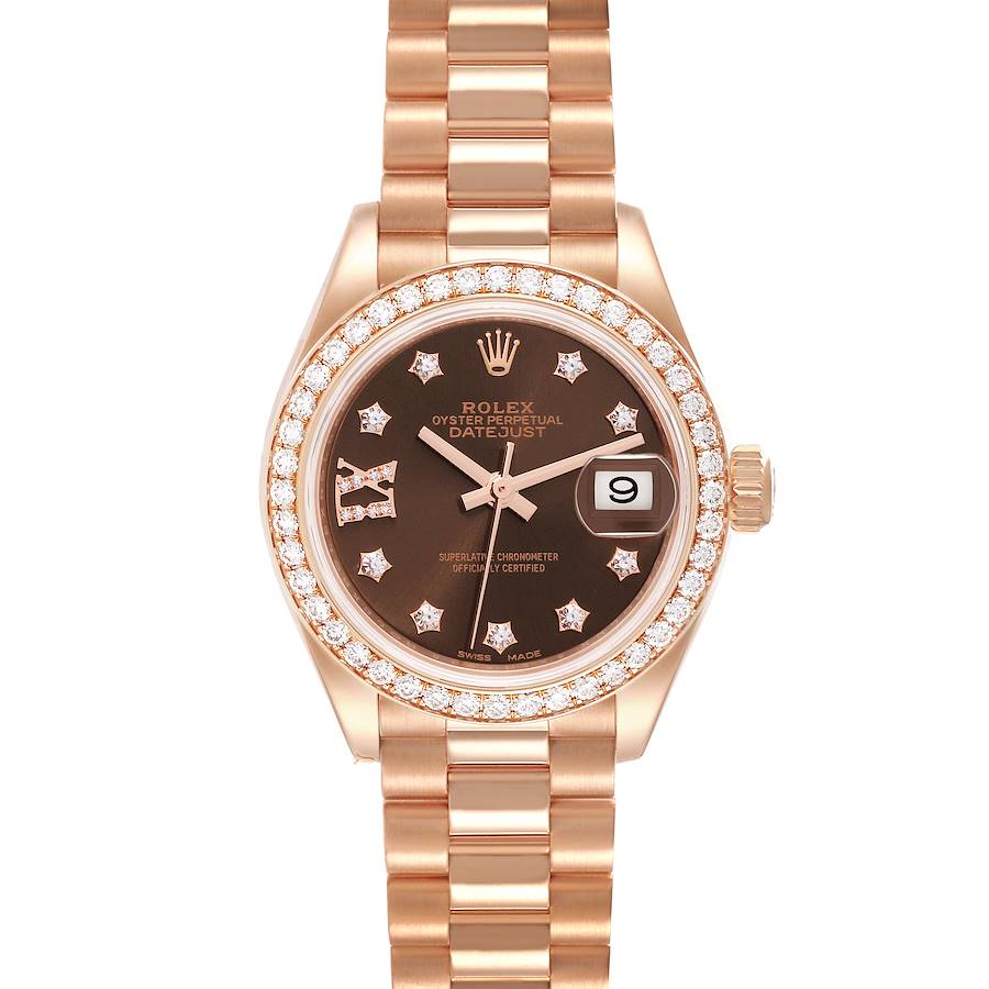 The image shows a front view of a Rolex President model watch, featuring a diamond-studded bezel and bracelet.