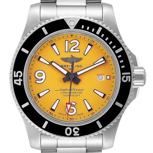 This image shows a frontal view of the Breitling Superocean watch, highlighting the dial, bezel, hour markers, and date window.
