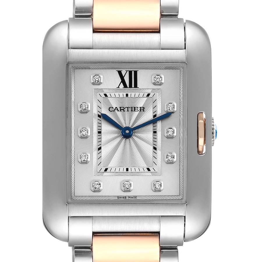 The image shows a front view of the Cartier Tank Anglaise watch, highlighting its rectangular face, blue hands, and metal bracelet.