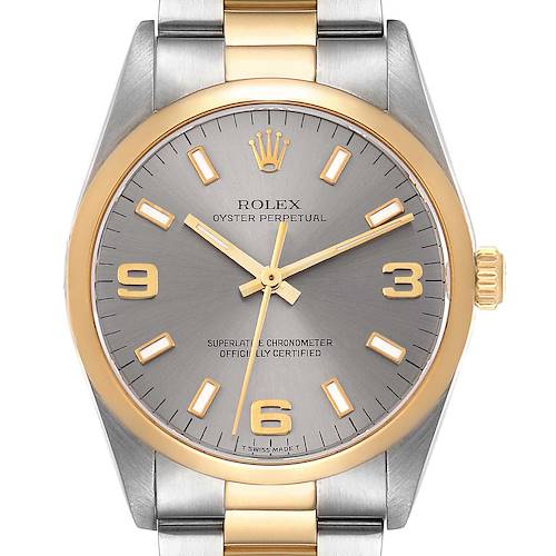 This is a front view of a Rolex Oyster Perpetual watch, showing the dial, hands, crown, and part of the bracelet.