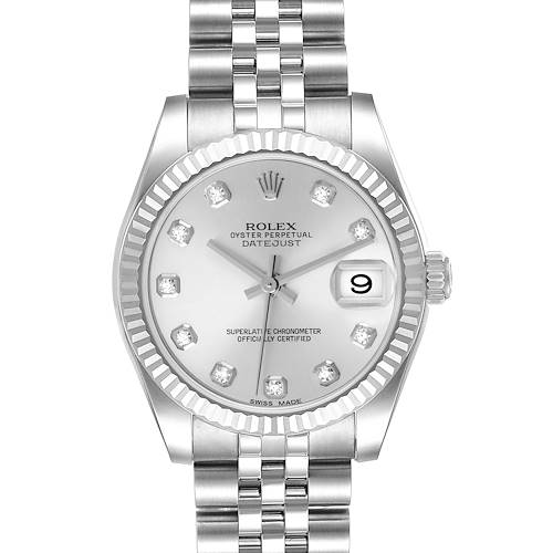 The image shows a frontal view of a Rolex Oyster Perpetual Datejust Mid-Size watch with a silver dial and stainless steel bracelet.