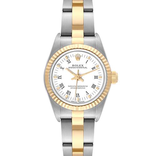 This image shows a front view of a Rolex Oyster Perpetual watch, highlighting the gold and silver bracelet and bezel.