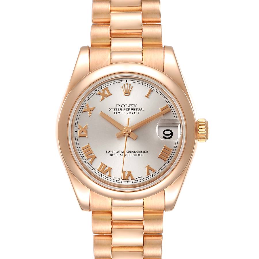 The image shows a frontal view of a Rolex President model watch showcasing its dial, bracelet, and crown.