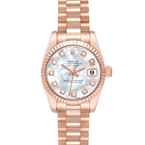 This image shows a front view of the Rolex President model watch, featuring the dial, bezel, bracelet, hands, and date window.