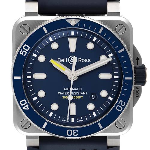 The image shows a front view of the Bell & Ross Diver watch, highlighting its dial, bezel, and crown.