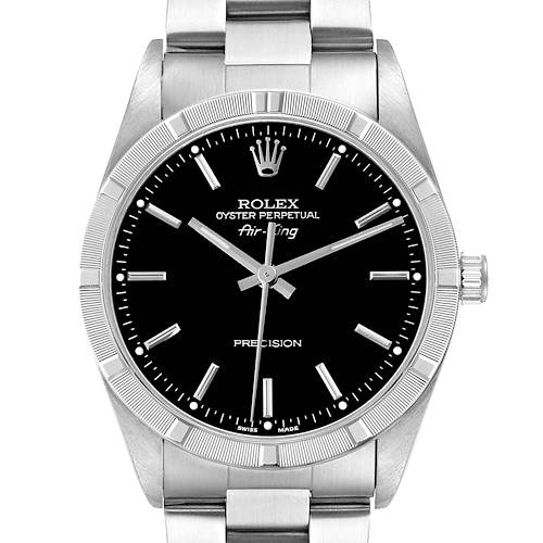 This image shows a frontal view of the Rolex Air-King watch, displaying the dial, bezel, crown, and part of the bracelet.