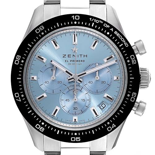 The image shows a front-facing view of the Zenith Chronomaster watch, highlighting its dial, bezel, and chronograph subdials.
