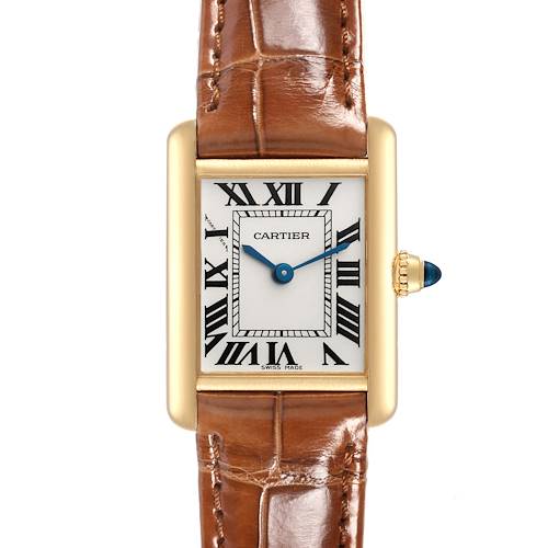 This image shows a front view of a Cartier Tank Louis watch, featuring its dial, case, and part of the leather strap.
