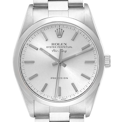 The image shows a front view of the Rolex Air-King watch with its dial, hands, crown, and part of the bracelet visible.