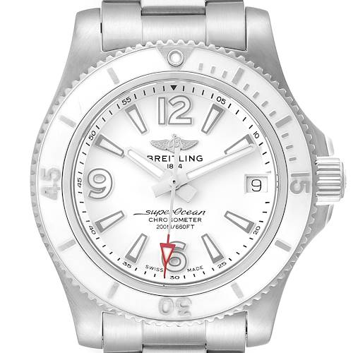 The image shows a front view of the Breitling Superocean 36mm White Dial Ladies Watch A17316, highlighting its dial, hands, bezel, and crown.