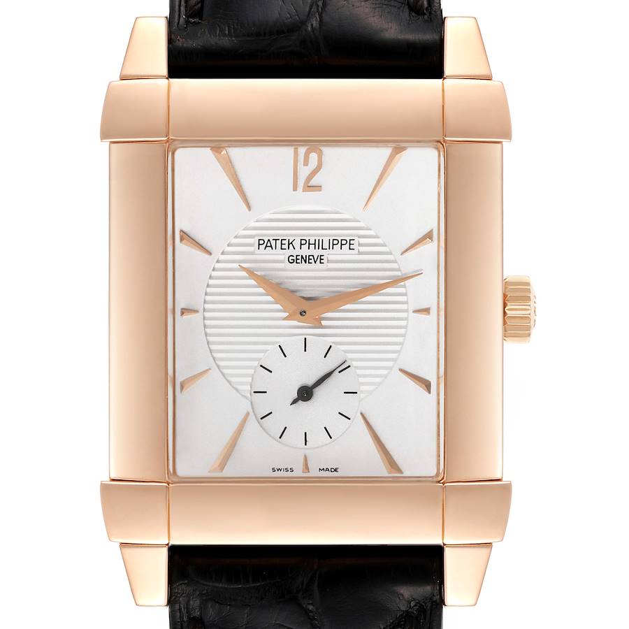 The image shows a frontal view of the Patek Philippe Gondolo watch, highlighting its rectangular face, dial, numerals, and crown.