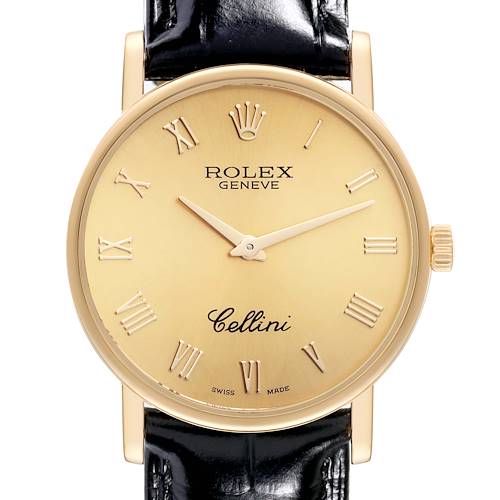 The image shows a front view of the dial and part of the strap of a Rolex Cellini model watch.