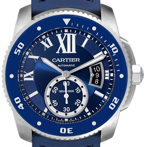 The image shows a front view of the Calibre de Cartier model by Cartier, displaying its dial, hands, and bezel.
