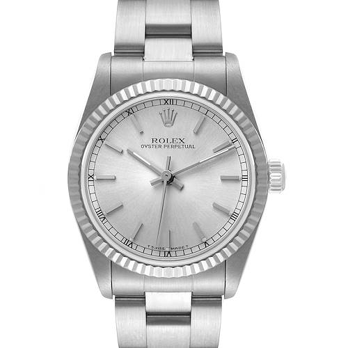 The Rolex Mid-Size Oyster Perpetual watch is shown from the front, displaying the face, bezel, and part of the bracelet.