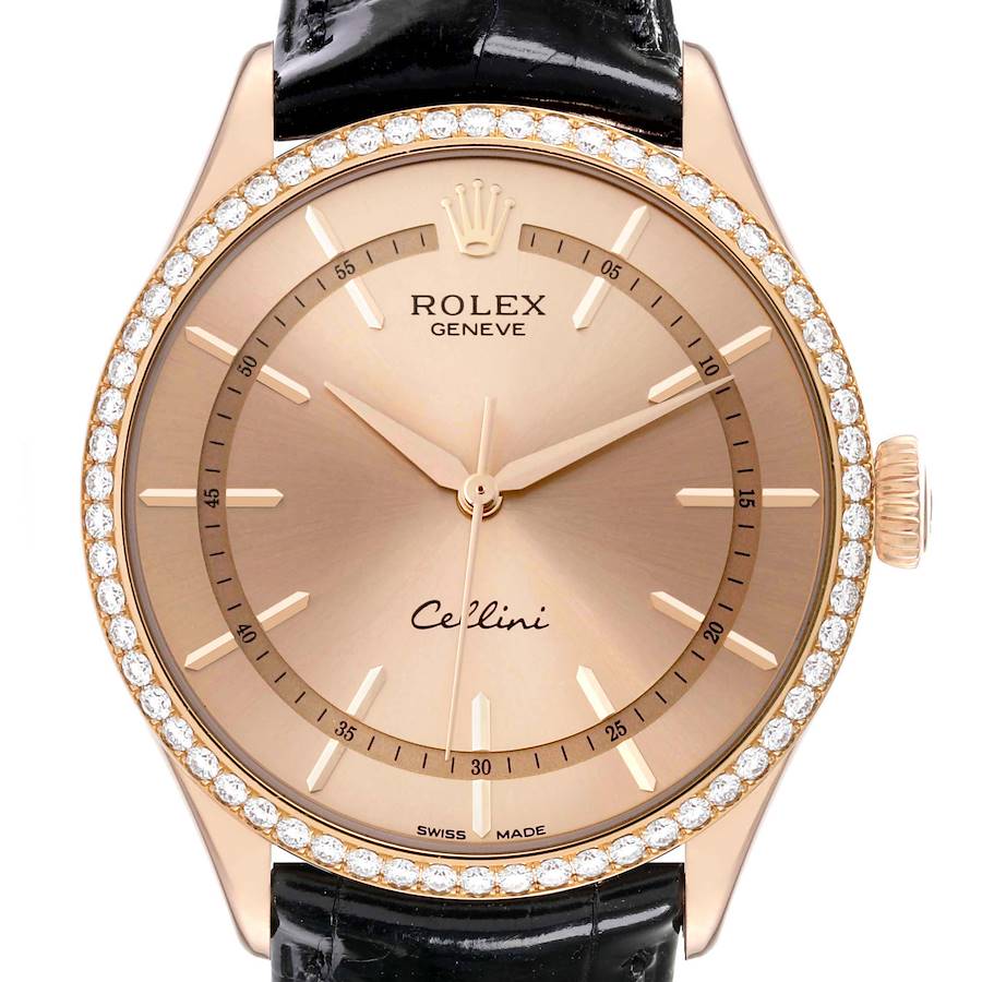 This image shows a Rolex Cellini watch from a front angle, highlighting its face, crown, bezel, and part of the strap.