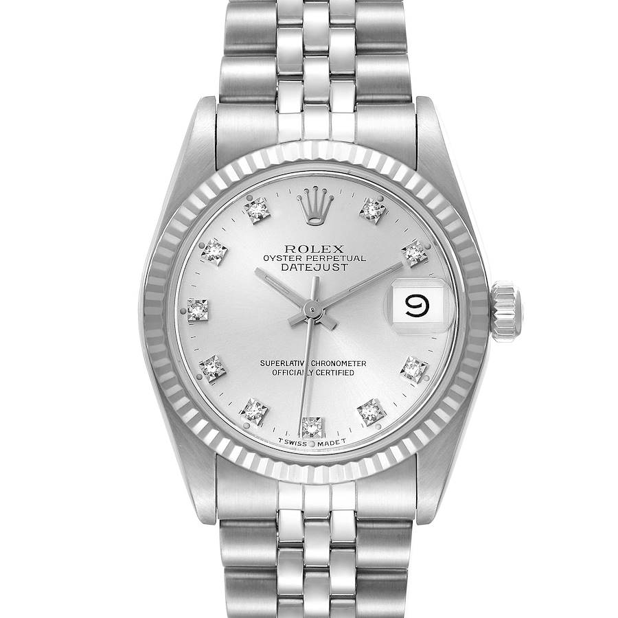 The Rolex Mid-Size Datejust watch is shown from a front angle, highlighting its silver dial, date window, and Jubilee bracelet.