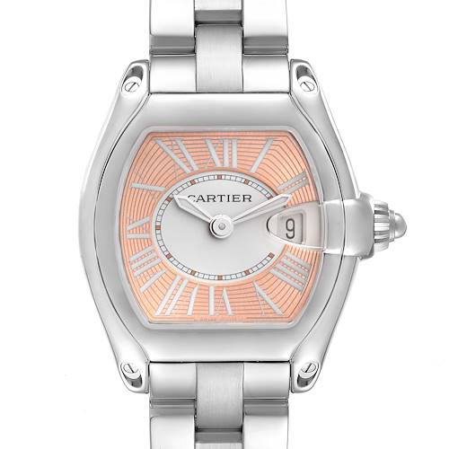 The Cartier Roadster watch shown is viewed from the front, highlighting its dial, date window, Roman numerals, and stainless steel bracelet.